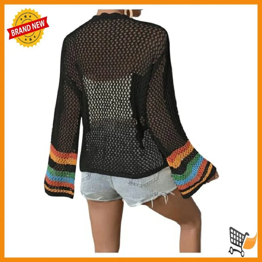 Floral Crochet Cardigan Long Sleeve Open Front Lightweight Sweater - Picture 3 of 7